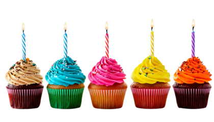 Multicolor happy birthday cupcakes isolated on transparent background