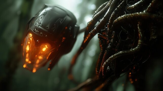 Futuristic robot head in a mysterious forest