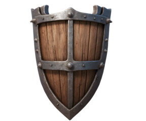 Detailed illustration of an aged wooden tower shield, reinforced with metallic elements, showcasing textures and craftsmanship perfect for fantasy RPG game assets