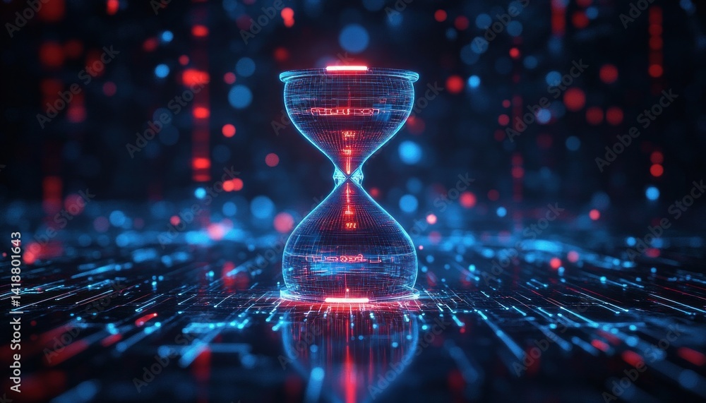 Aufkleber futuristic neon hourglass with glowing data lines cyberpunk digital icon network connectivity flow t