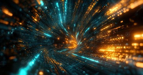 Futuristic cyberpunk space vortex with neon teal and gold lights and glowing data streams