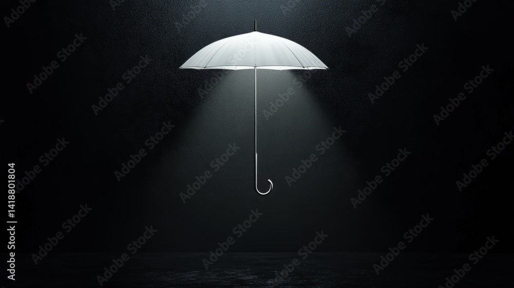 Poster conceptual minimalist image with a single white umbrella under an imaginary light source, black back