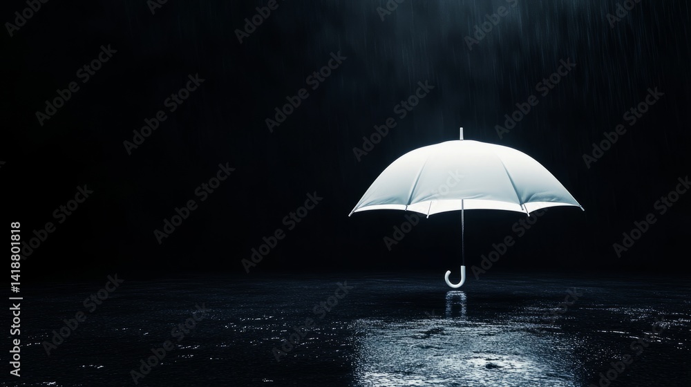 Poster conceptual minimalist image with a single white umbrella under an imaginary light source, black back