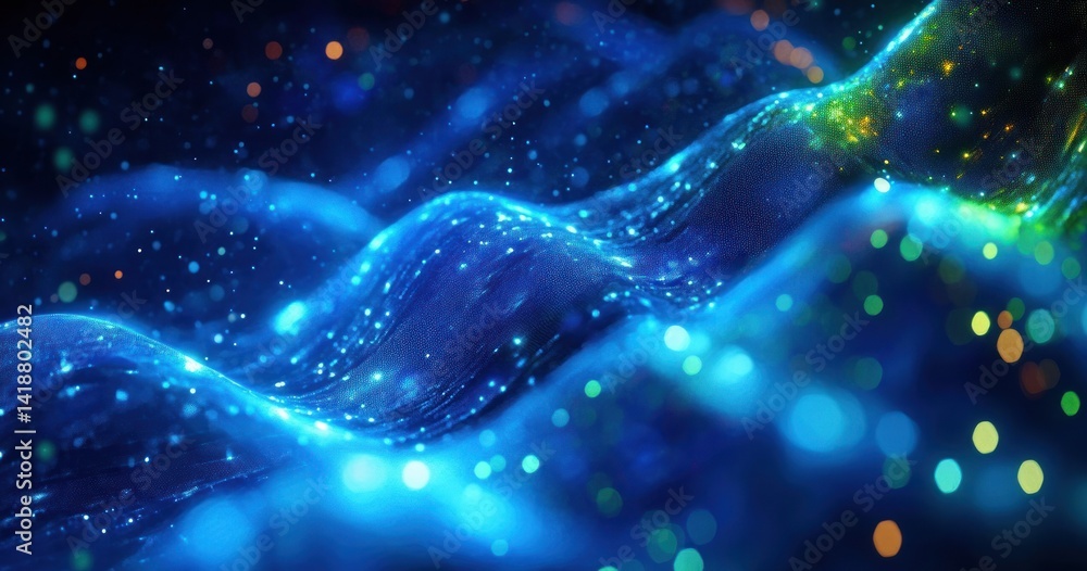 Aufkleber futuristic digital data streams with glowing fiber optic network flowing in blue and green light dyn