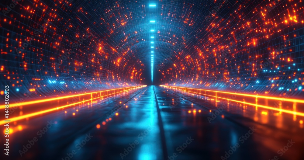 Poster futuristic cyberpunk central processing unit with neon light streaks and glowing circuitry in digita