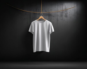 Blank white t-shirt on hanger, dark room