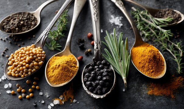 Assorted spices in vintage spoons on a dark background