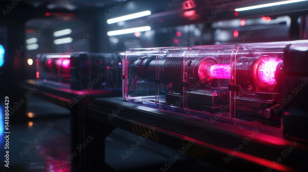 Wall mural futuristic weaponized devices in a secure lab setting with glowing energy