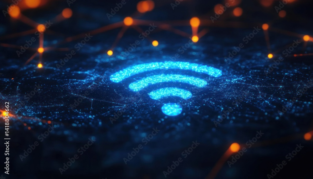 Poster futuristic blue glowing wifi signal icon representing seamless wireless network communication and da