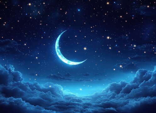 Serene crescent moon night sky with glowing clouds and sparkling stars