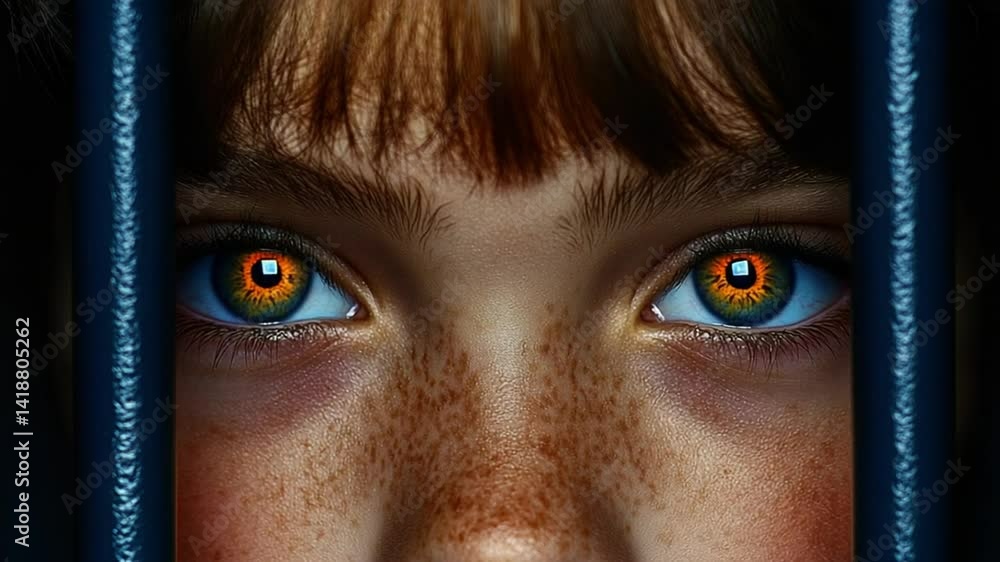 Poster captivating portrait of a child with unique orange eyes and freckles glancing through a dark frame