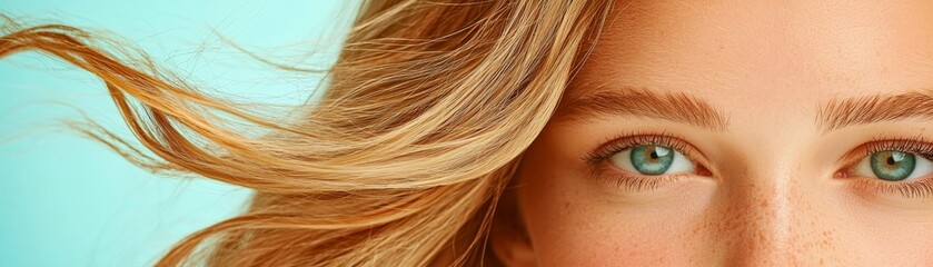 Naklejka premium Serene Beauty in Motion - Close-Up of Flowing Hair in Cinematic Wind, Symbolizing Freedom