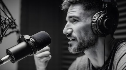 Man recording podcast in studio with microphone and headphones black and white