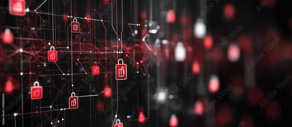 Aufkleber network security visualization with connected padlock icons in red hues