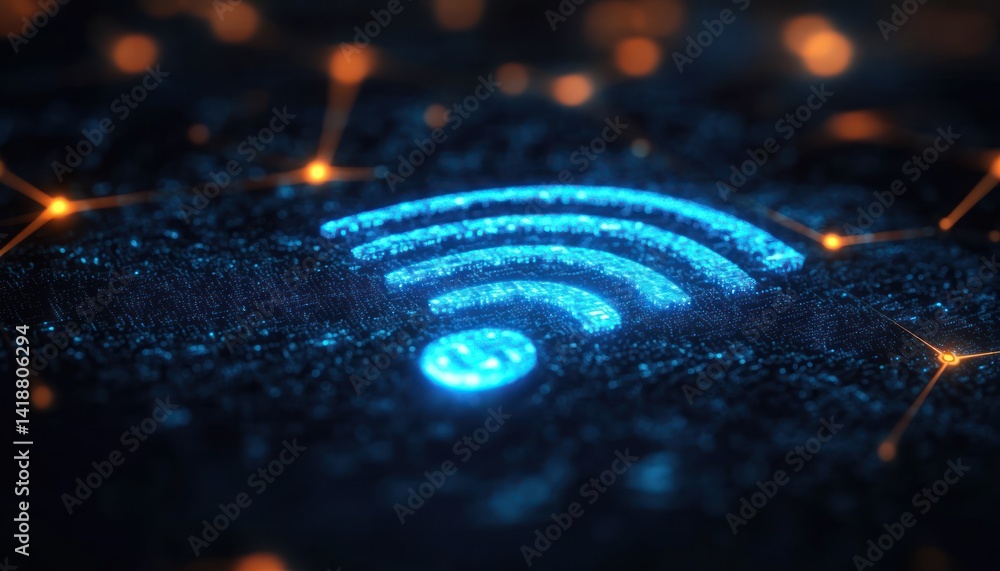 Poster futuristic glowing blue wifi icon with seamless communication and data flow in a cyberpunk digital n