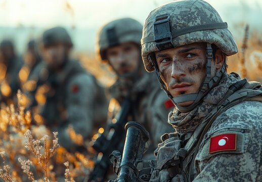 Turkish military soldiers in camouflage uniform with tactical gear holding rifles close-up natural lighting