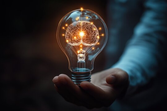 Person touching glowing brain lightbulb symbolizing creativity innovation and new ideas in technology and business