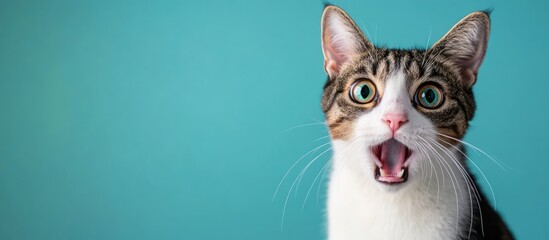 Fototapeta premium Astonished feline with open mouth against vivid turquoise backdrop