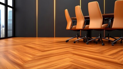 Modern conference room with wooden flooring and stylish chairs, overlooking a city skyline