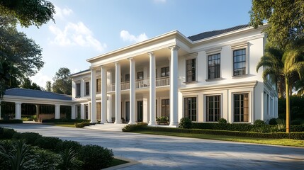 Obraz premium A colonial-style mansion with white columns and a long driveway