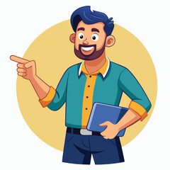 Happy man pointing into a blank copy space spot with two hands