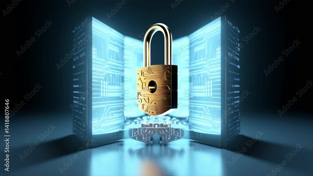 Poster a digital padlock on a backdrop of glowing server panels, symbolizing cybersecurity and data protect