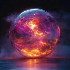 Glowing abstract particle sphere with colorful ethereal smoke and radiant light in cosmic surrealism style