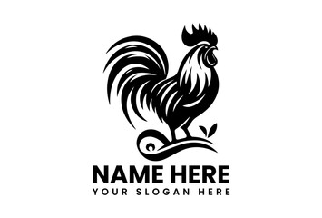 Rooster Emblem: An artistic monochrome emblem showcases a stately rooster. The intricate detailing and elegant lines highlight its regal nature, capturing the essence of farm life.