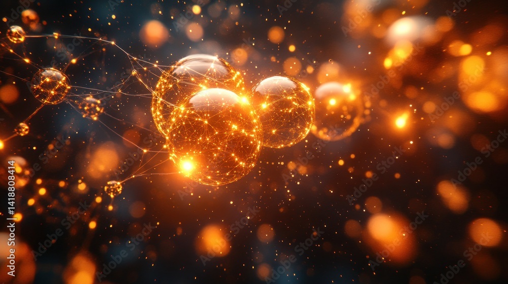 Poster macro view of spiderweb network with dust spores and virus particles on dark cosmic background