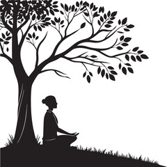 Silhouette of Woman Meditating Under Tree – Mindfulness and Nature Concept