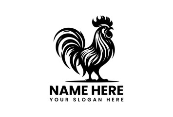 Rooster Emblem: An artistic monochrome emblem showcases a stately rooster. The intricate detailing and elegant lines highlight its regal nature, capturing the essence of farm life.