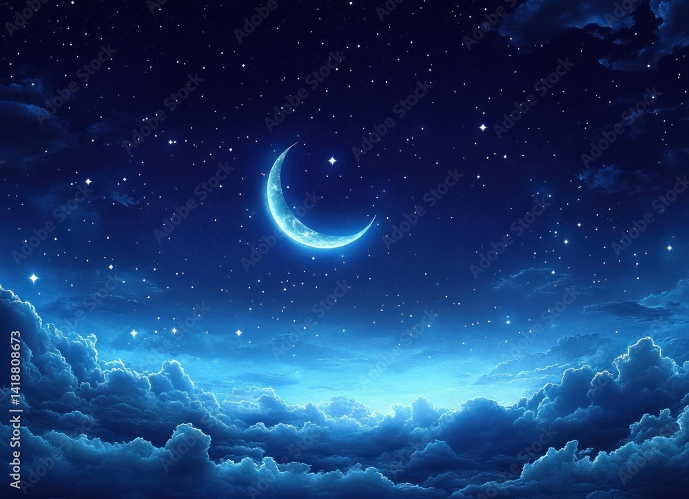 Wall mural serene night sky with crescent moon and twinkling stars