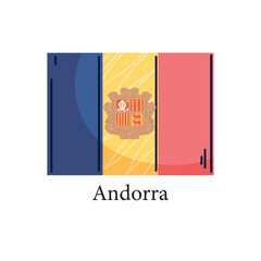 Vector Illustration of the National Flag of Andorra, Featuring Three Vertical Bands of Blue, Yellow, and Red, with the Coat of Arms Centered on the Yellow Band, Isolated on a White Background.