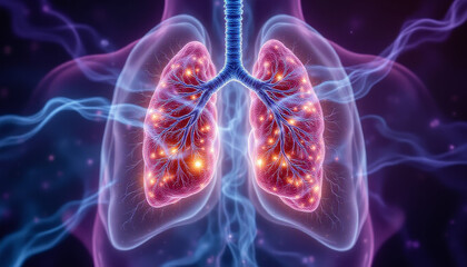 Illustration of human lungs with glowing effects.