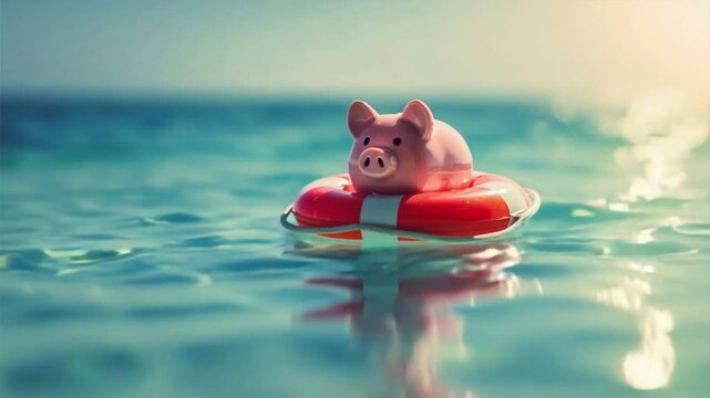 A piggy bank relying on a lifebuoy to stay afloat in water, financial stability and insurance concept
