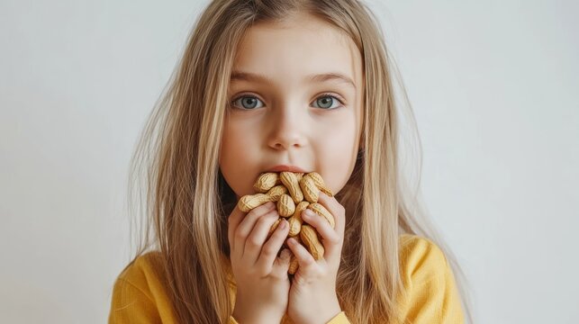Young girl with fair hair holding peanuts, promoting snack food and allergens awareness
