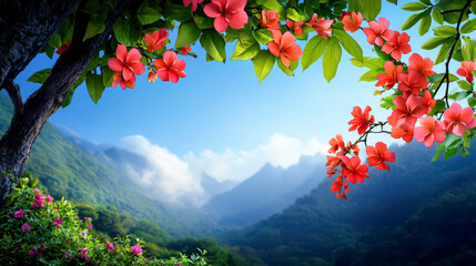 [Soothing textures Lush Smooth Relaxing] Serene Mountain Landscape with Pink Flowers in Warm Sunlight