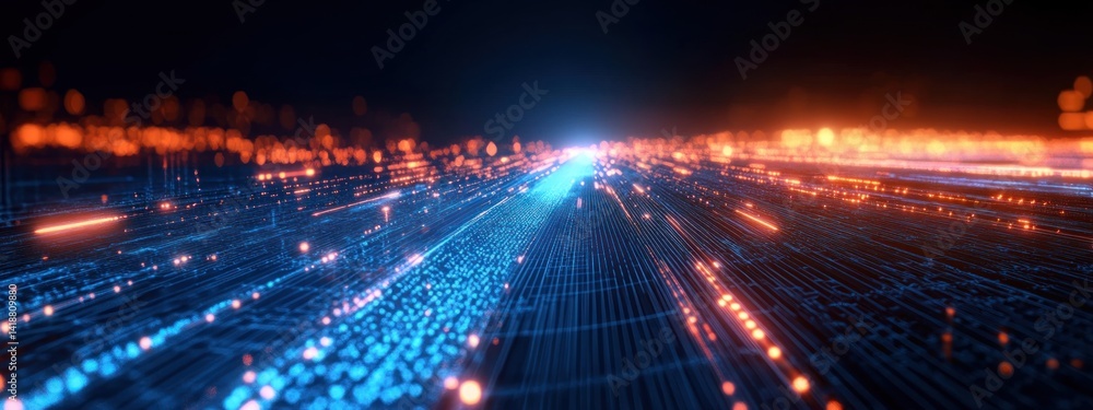 Poster futuristic digital technology landscape with neon lights geometric wireframe glowing hues cyberpunk 