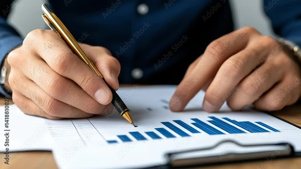 Poster professional man analyzing data trends and graphs with pen on clip board in office setting