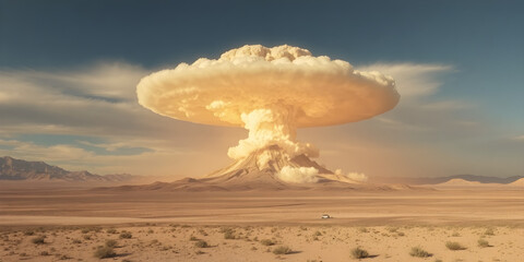 Powerful nuclear explosion mushroom cloud rising over desert landscape