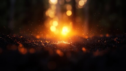 Naklejka premium Forest floor illuminated by golden light, sun rays, glowing particles