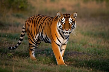 A striped bengal tiger, a wild feline predator, hunts in the tall grass of its jungle nature