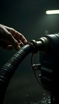 Oily hands MacGyver a fuel line under swinging bulb light. Textures: patched hoses, duct tape. Desperate DIY noir.