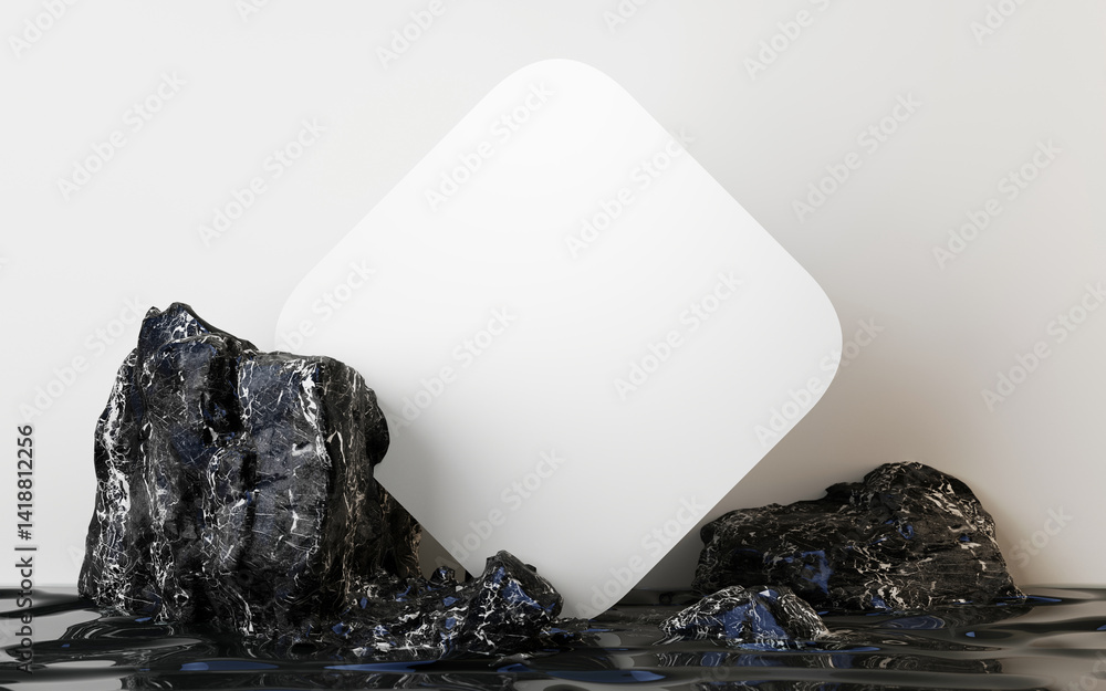 Poster dark rocks with marble veins surround a tilted square panel above reflective water, creating a bold 