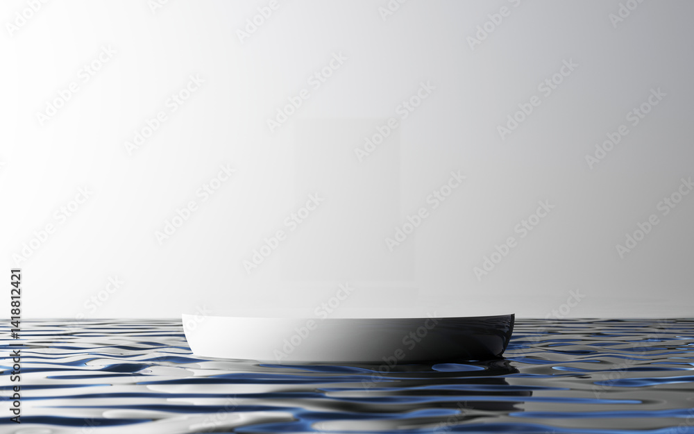 Poster minimal white circular podium floats alone on calm water, with a faint abstract shape in the backdro