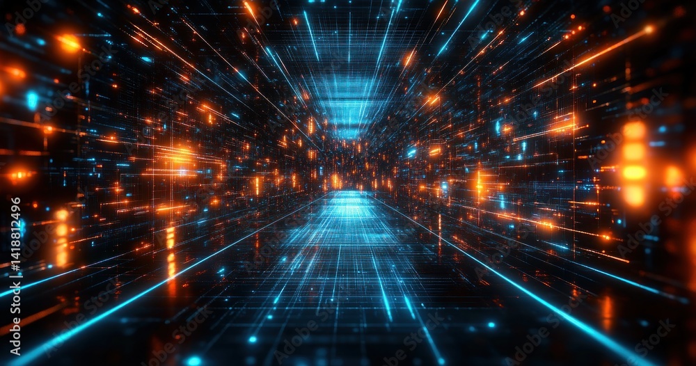 Poster futuristic cyberpunk digital circuit with neon light streaks and dynamic glowing grid in virtual spa