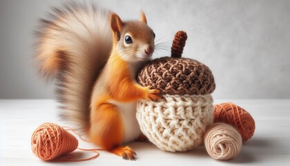 Fototapeta premium Playful squirrel with acorn cozy indoor setting animal photography soft textures