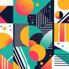 Obraz premium A vibrant abstract pattern featuring a dynamic arrangement of geometric shapes, including triangles, circles, and squares, in a kaleidoscope of colors like blue, red, yellow, and green.