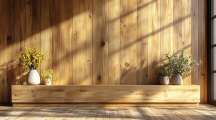 Fototapeta premium Natural sunlight illuminates a wooden room with floral decorations