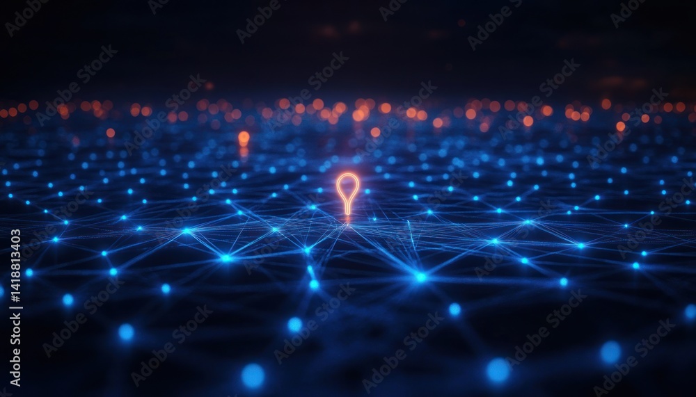 Poster futuristic glowing blue network location pin icon digital geolocation tracking technology cyberpunk 